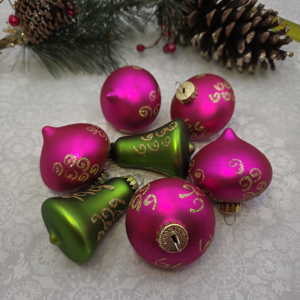 Lot‎ of 8 Glass Ornaments Pink Green Gold Glitter Teardrop Bell Finial Shapes
